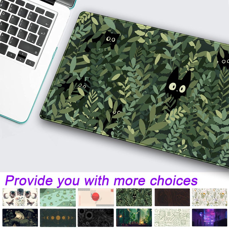 DCJJM Cute Anime Cats Desk Mat Green Leaves Kawaii Mousepad XXL Extended Large Gaming Mouse Pad Cat, Aesthetic Extended Laptop Keyboard Mat Desk Pad for Women Office Gamer Girl Decor 31.5x15.75 in - Image 2