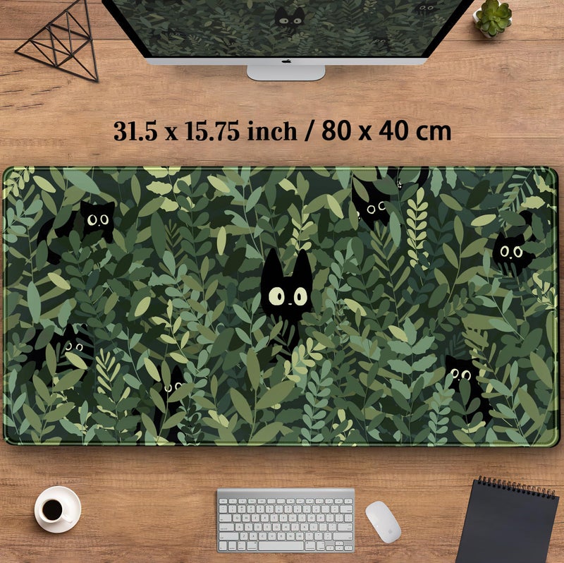 DCJJM Cute Anime Cats Desk Mat Green Leaves Kawaii Mousepad XXL Extended Large Gaming Mouse Pad Cat, Aesthetic Extended Laptop Keyboard Mat Desk Pad for Women Office Gamer Girl Decor 31.5x15.75 in - Image 3