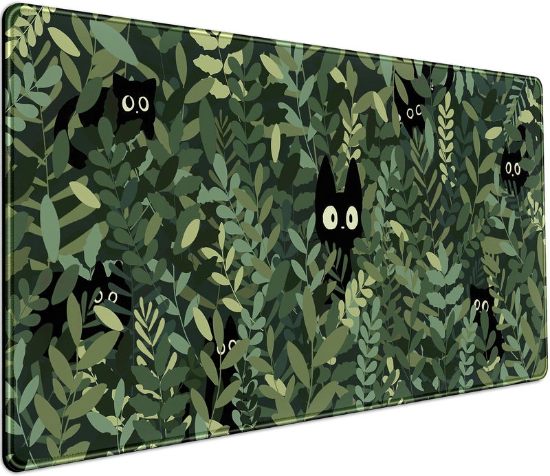 DCJJM Cute Anime Cats Desk Mat Green Leaves Kawaii Mousepad XXL Extended Large Gaming Mouse Pad Cat, Aesthetic Extended Laptop Keyboard Mat Desk Pad for Women Office Gamer Girl Decor 31.5x15.75 in - Image 1