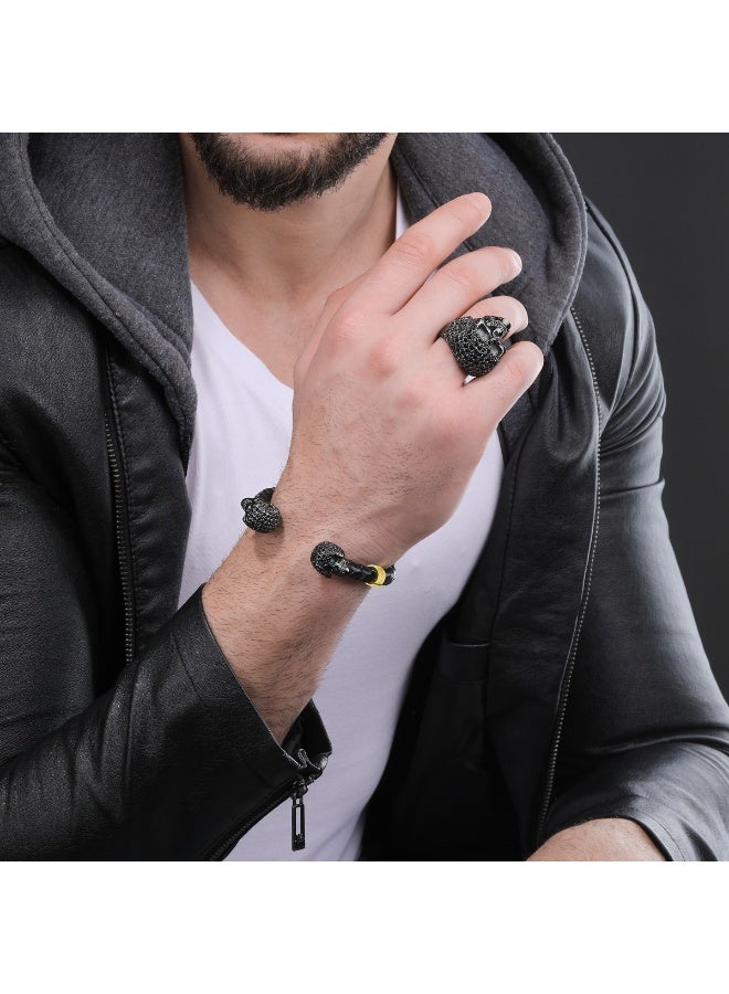 POLICE Eager Black Leather Skull with Gunmetal and Gold Accents Cuff Bracelet for Men - Image 4
