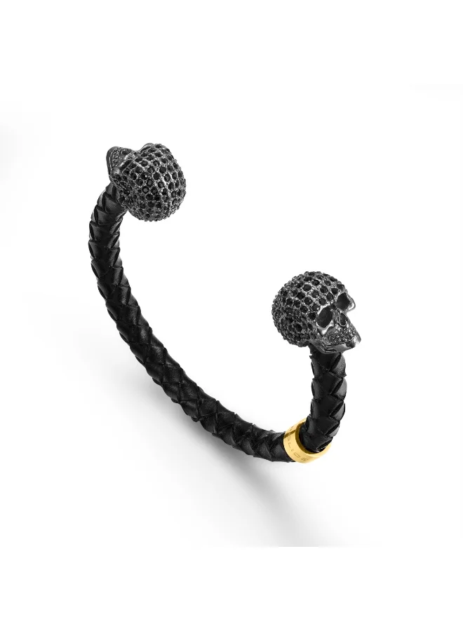 Eager Black Leather Skull with Gunmetal and Gold Accents Cuff Bracelet for Men