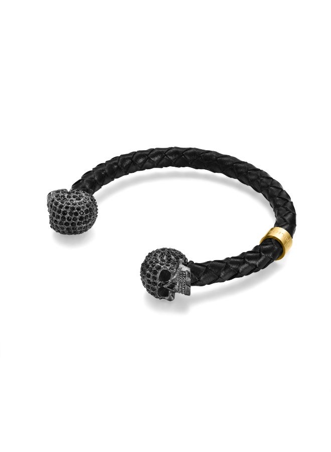 POLICE Eager Black Leather Skull with Gunmetal and Gold Accents Cuff Bracelet for Men - Image 3
