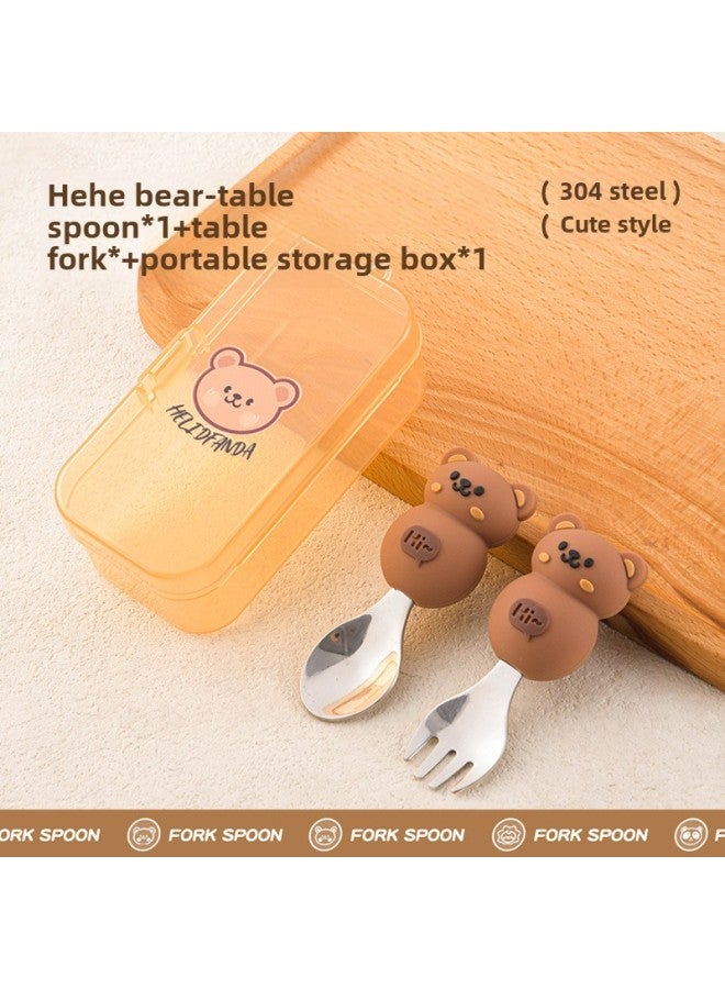 Children's Creative Fork Spoon 304 Stainless Steel Short Handle Cartoon Tableware Household Baby Dining Portable Tableware Suit-Specifications:No Specifications-Color:Hercule Bear Spoon Storage Box - Image 1