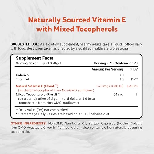Naturalis Sunflower Vitamin E 670mg 1000 IU with Mixed Tocopherols Essential Skin Vitamin Immune Support NonGMO Soy Gluten Free 120 Softgels - Image 5