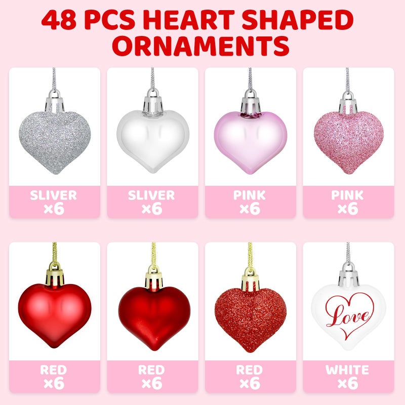 CH HAICHENG 48 Pieces Valentine Heart Baubles Ornaments Valentine's Day Heart Shaped Ornaments for Decoration or Wedding Anniversary Party Supplies, 4 Colors in 8 Styles - Image 3