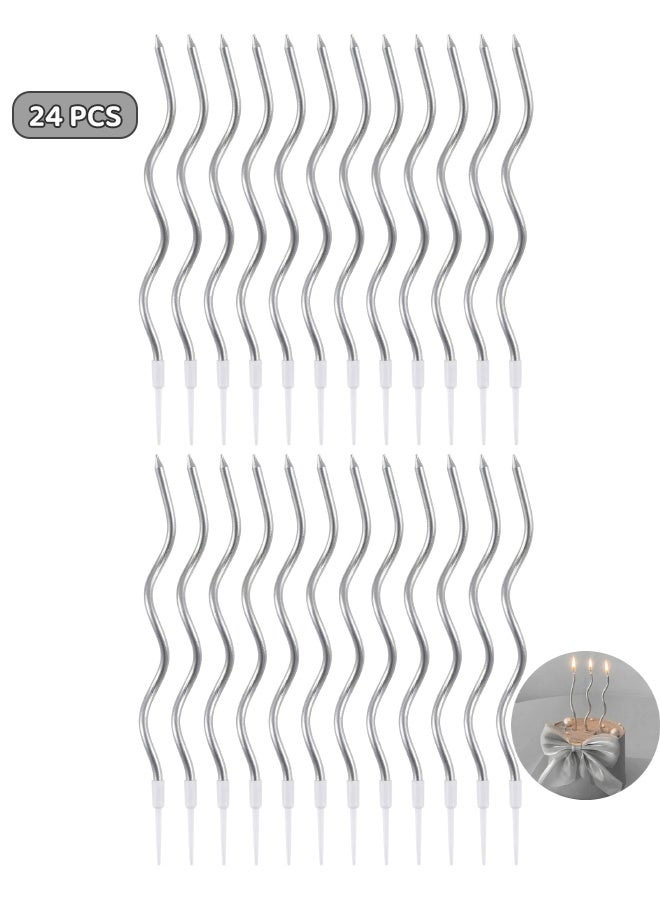 24 PCS Spiral Long Thin Birthday Candles, Twisted Curved Candle Cake Topper, hin Long Cake Candles with Holders for Wedding, Anniversary, Graduation & Party Table Decorations, Silver - Image 1