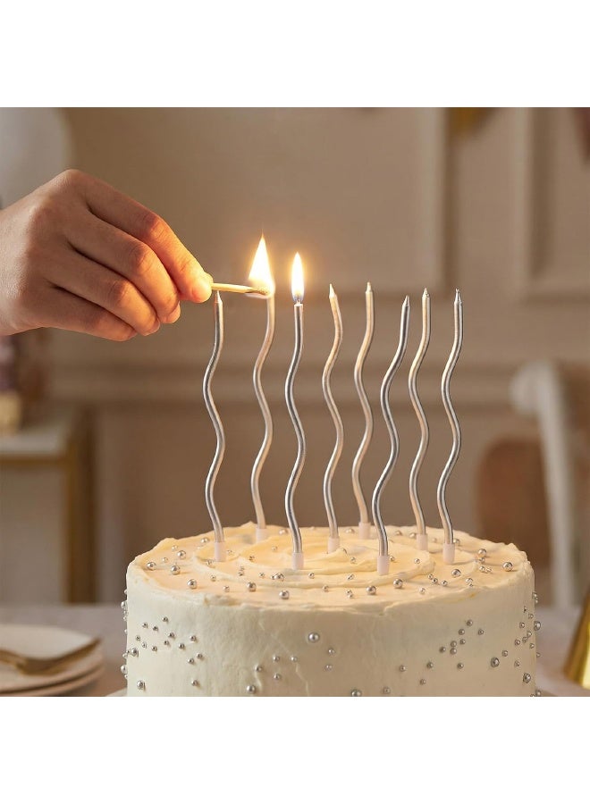 24 PCS Spiral Long Thin Birthday Candles, Twisted Curved Candle Cake Topper, hin Long Cake Candles with Holders for Wedding, Anniversary, Graduation & Party Table Decorations, Silver - Image 5