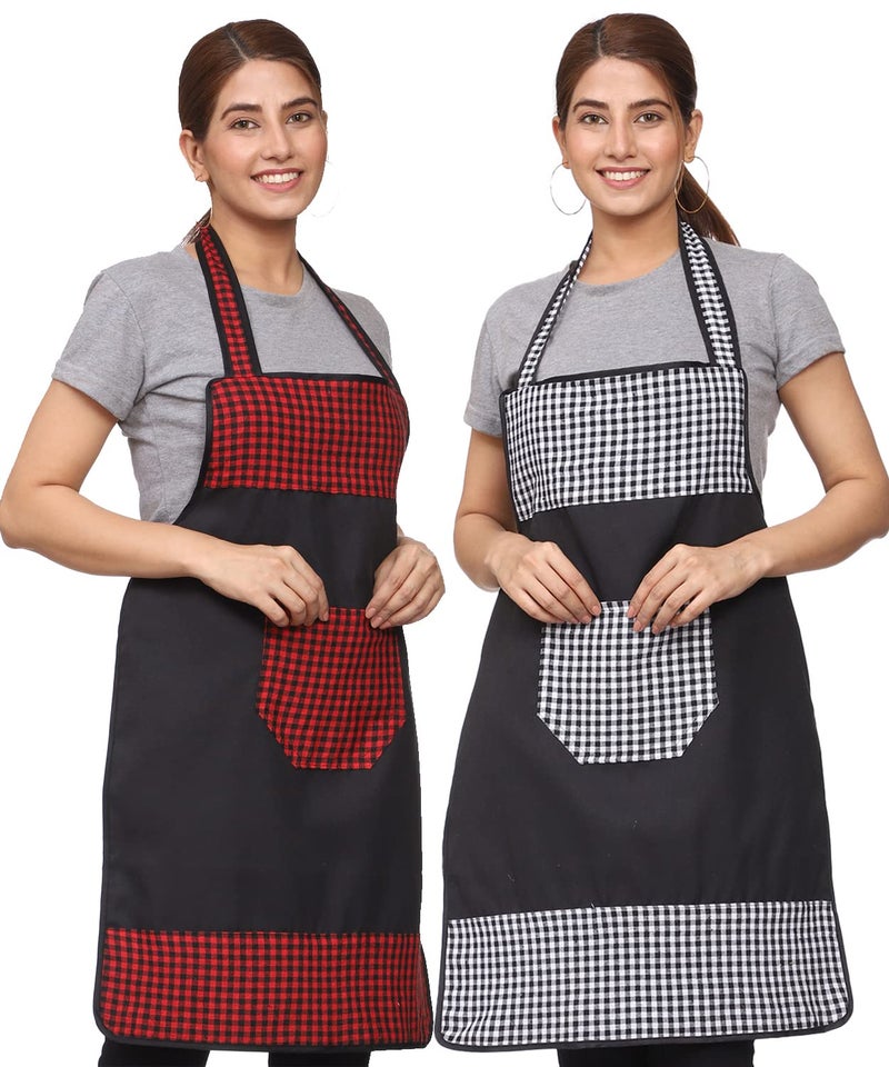JMi Check and Plain Fabric Designer Waterproof Apron With Front Multi Purpose Pocket For Kitchen, Cooking, Dusting, Home. (Pack of 2) - Image 1