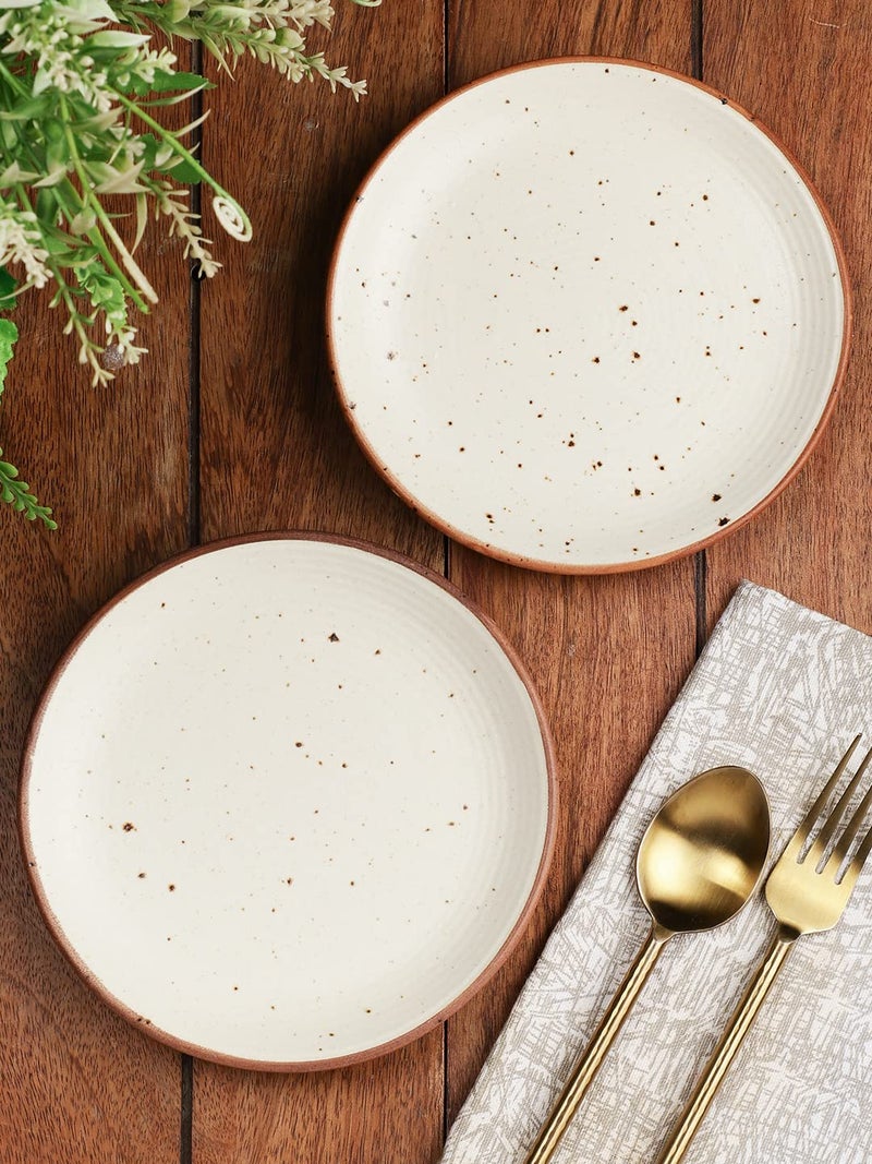 miah decor Miah Decor Ceramic Quarter Plates Small Dinner Plates Set of 2 Handcrafted Stoneware OffWhite with Brown Rim grains Serving Platter for Snacks Dessert Microwave and Dishwasher Safe Size 7 Inches - Image 1