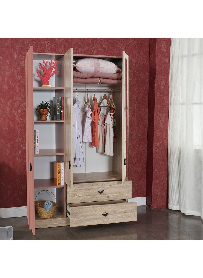 DANUBE HOME Bliss 3 Door Wardrobe With 2 Drawers And Mirror Extra Sturdy Closet, Clothes Storage Cupboard Modern Design Space Saving Swing Door Cabinet For Bedroom L56xW201.8xH130.5cm - Oak And Pink  - Image 2