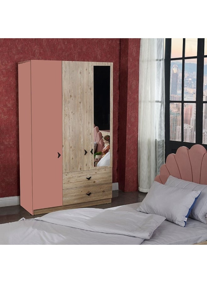 DANUBE HOME Bliss 3 Door Wardrobe With 2 Drawers And Mirror Extra Sturdy Closet, Clothes Storage Cupboard Modern Design Space Saving Swing Door Cabinet For Bedroom L56xW201.8xH130.5cm - Oak And Pink  - Image 1