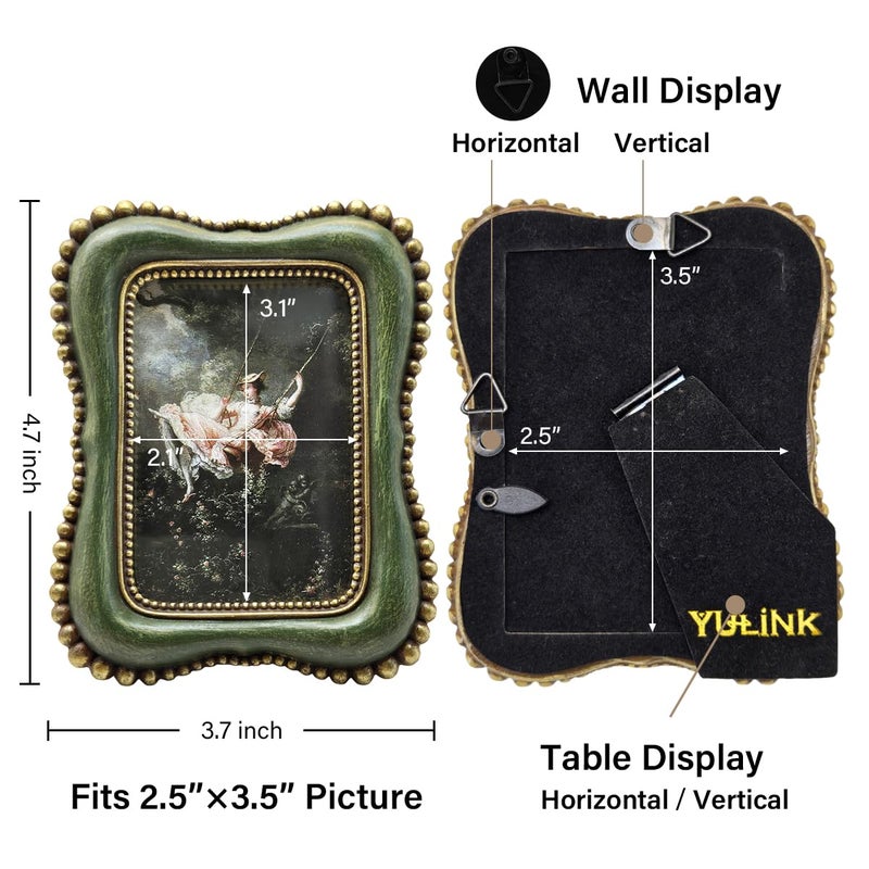 YULINK 2.5x3.5 Small Vintage Picture Frame, Tiny Antique Green Ornate Photo Frame, for Tabletop and Wall Display, Decorative Retro Home Decor, Old Fashioned Photo Gallery Art - Image 5