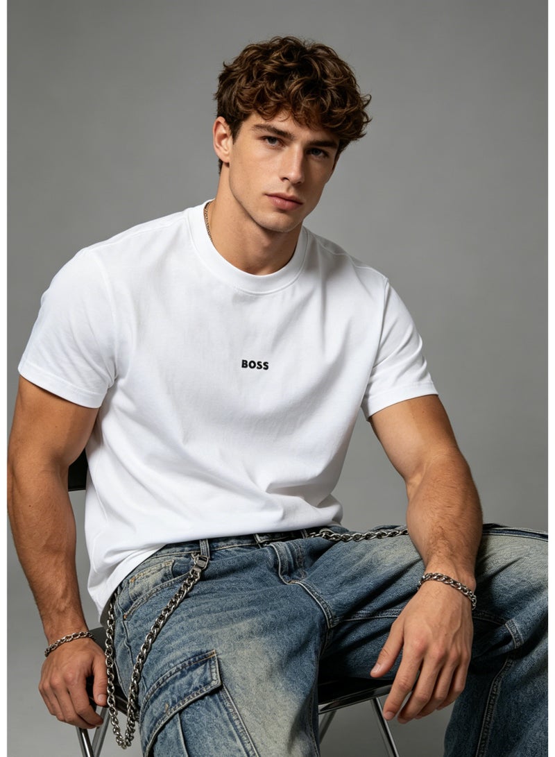 BOSS Men's Loose Fit Cotton Crew Neck T-Shirt with Logo Print - White - Image 4