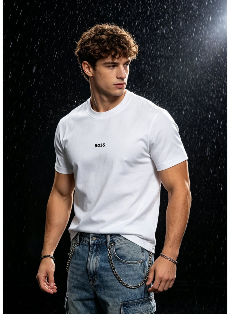 BOSS Men's Loose Fit Cotton Crew Neck T-Shirt with Logo Print - White - Image 1
