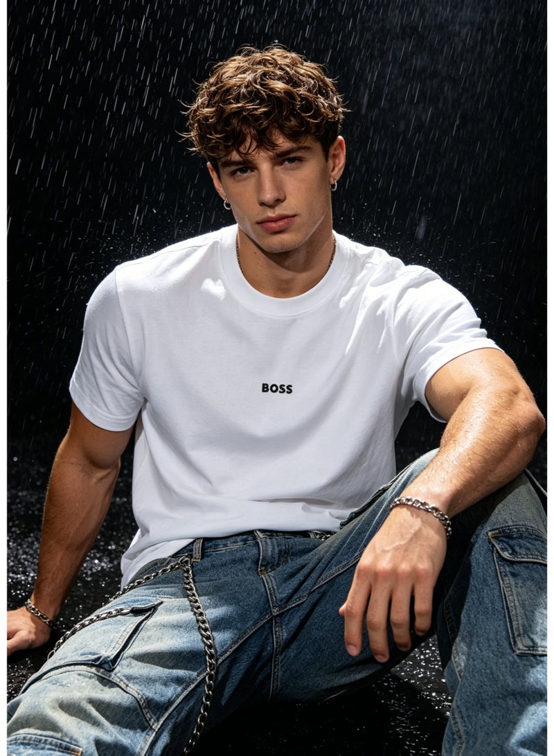 BOSS Men's Loose Fit Cotton Crew Neck T-Shirt with Logo Print - White - Image 3