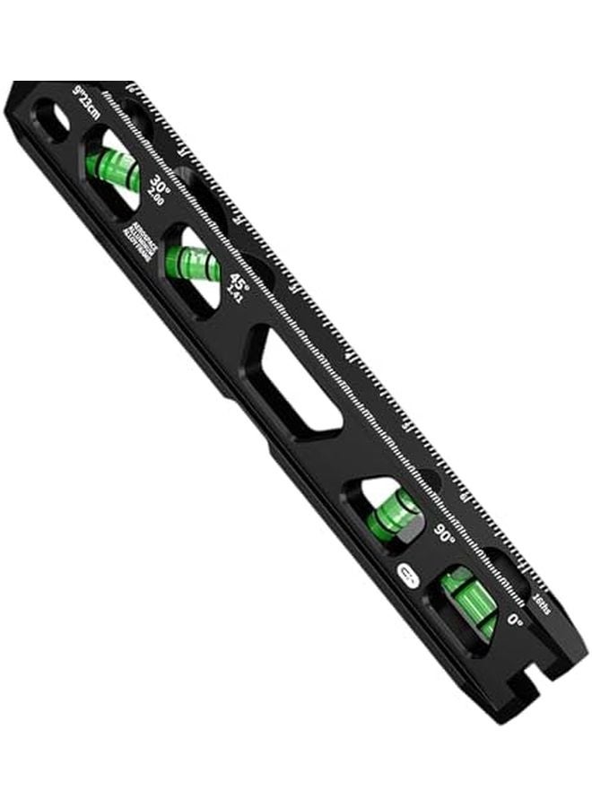 9 بوصة أداة محاذاة مزدوجة القياس باللون الأسود 4 فقاعات هوائية قاعدة مخددة V ميزان روح من سبائك الألومنيوم - Image 1