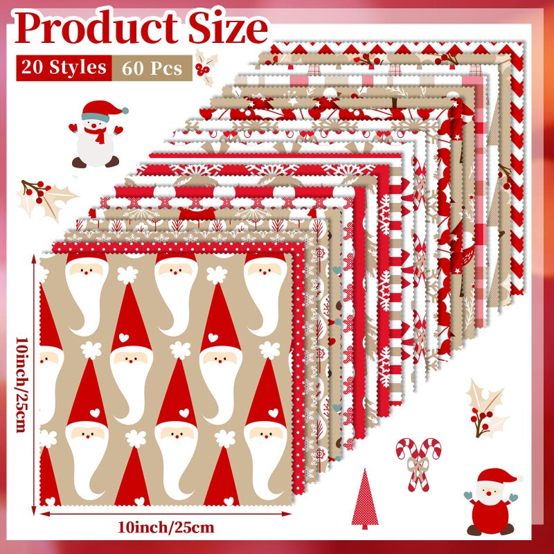 Oudain 60 Pcs 10 x 10 Inch Hot Cocoa Christmas Quilting Fabric Vintage Christmas Fat Squares Patchwork Precut Strips Santa Snowflake Candy Cane Fabric Bundles for Xmas DIY Craft Sewing - Image 2