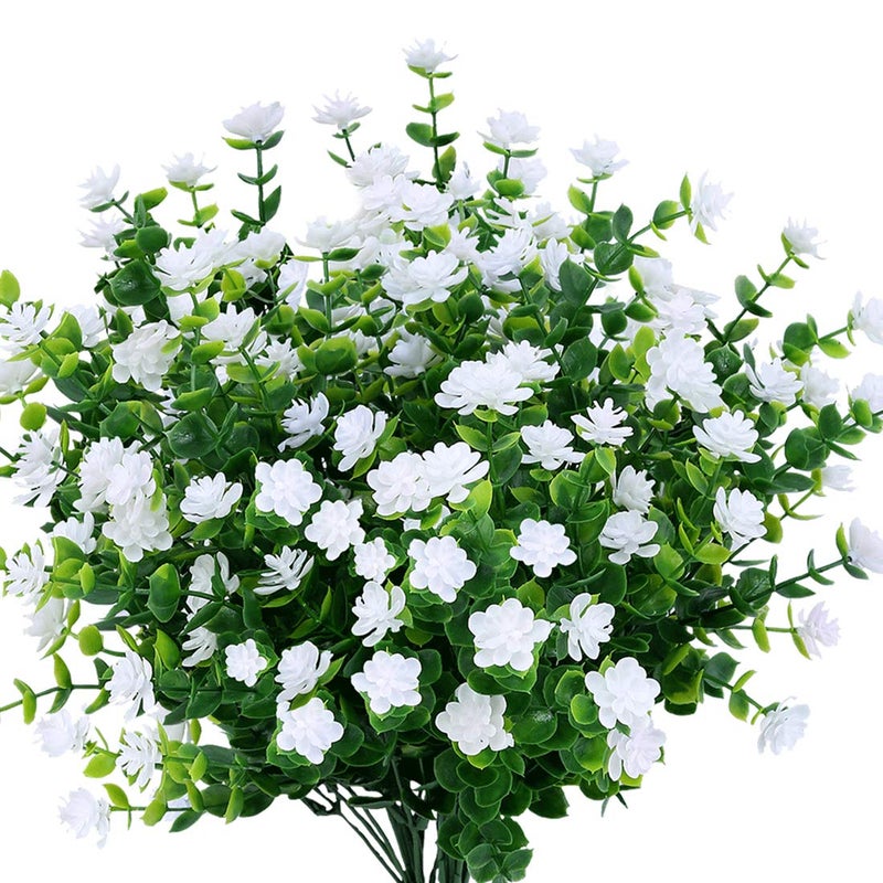 URSTOUD 6PCS Artificial Eucalyptus Flowers Fake Artificial Greenery UV Resistant No Fade Faux Plastic Plants for Wedding Bridal Bouquet Indoor Outdoor Home Garden Kitchen Office Table VaseWhite