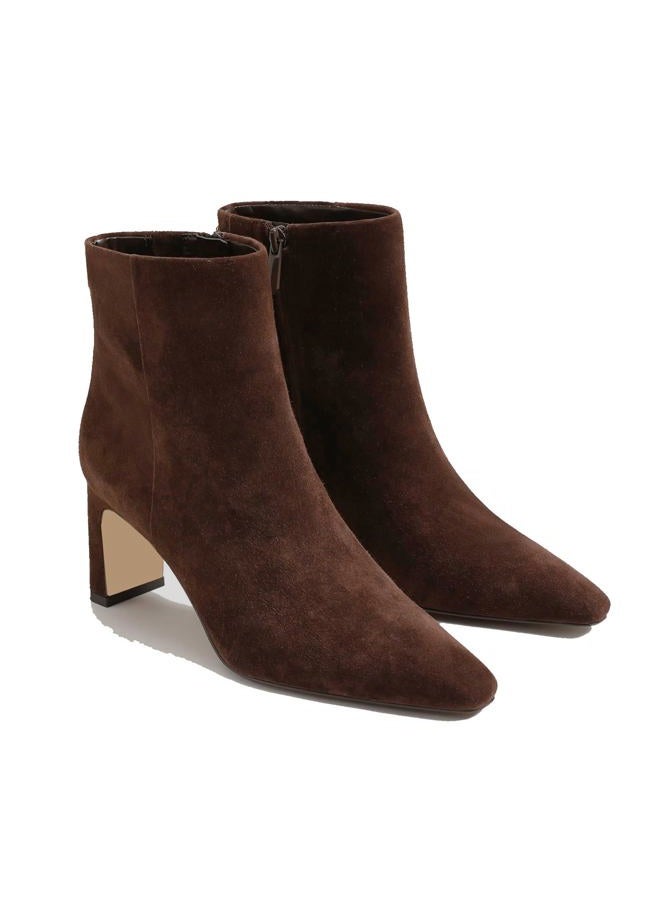 MICIFA Women's Ankle Boots Chunky Low Heel Square Toe Heeled Booties with Side Zipper Fall Winter Dress Short Boots, Suede Brown, 7 - Image 1
