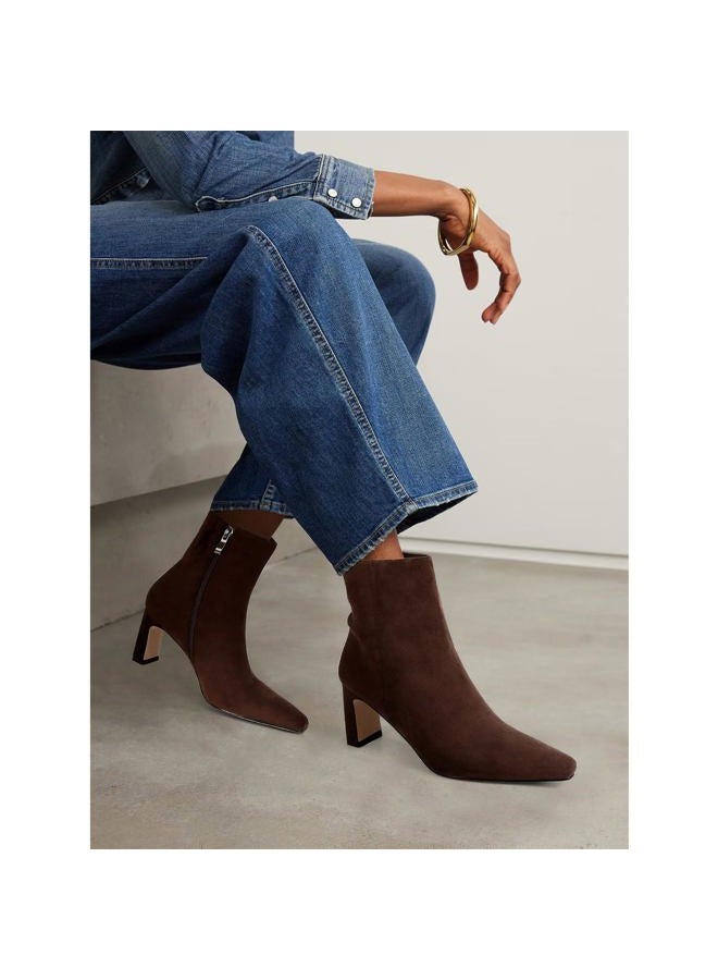 MICIFA Women's Ankle Boots Chunky Low Heel Square Toe Heeled Booties with Side Zipper Fall Winter Dress Short Boots, Suede Brown, 7 - Image 2