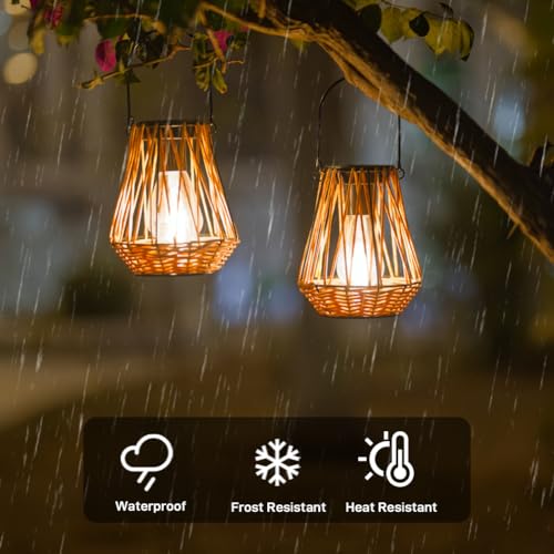 Venniy Solar Lanterns,2 Pack Hanging Solar Lantern Outdoor Lanterns for Patio Waterproof,Rattan Lantern with Handle,Decorative Retro Rattan Lights for Yard - Image 5