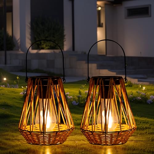 Venniy Solar Lanterns,2 Pack Hanging Solar Lantern Outdoor Lanterns for Patio Waterproof,Rattan Lantern with Handle,Decorative Retro Rattan Lights for Yard - Image 1
