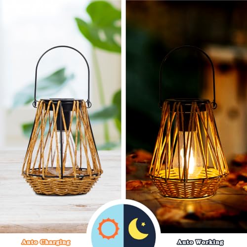 Venniy Solar Lanterns,2 Pack Hanging Solar Lantern Outdoor Lanterns for Patio Waterproof,Rattan Lantern with Handle,Decorative Retro Rattan Lights for Yard - Image 4