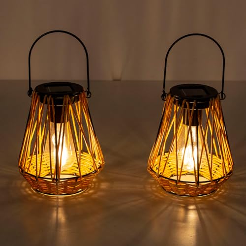 Venniy Solar Lanterns,2 Pack Hanging Solar Lantern Outdoor Lanterns for Patio Waterproof,Rattan Lantern with Handle,Decorative Retro Rattan Lights for Yard - Image 2