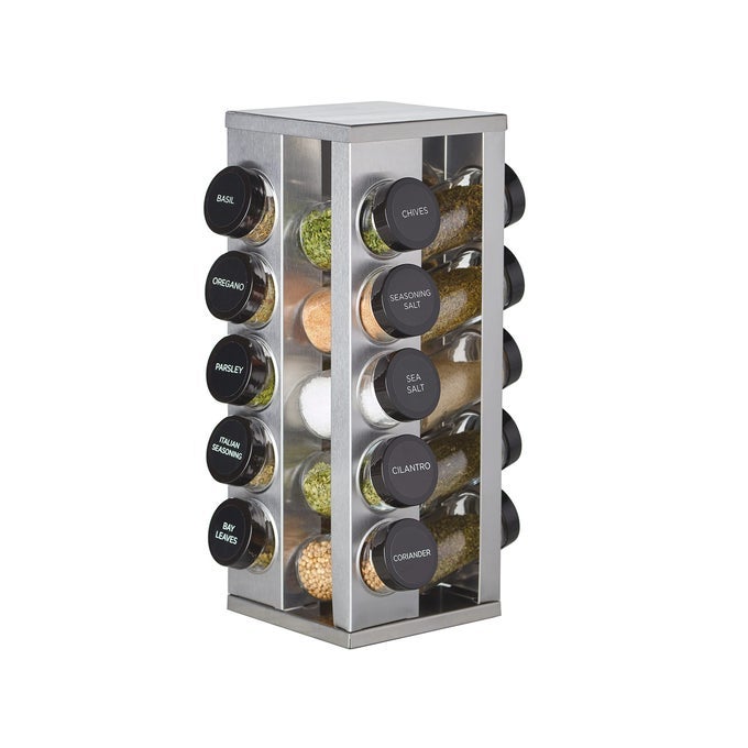 20 JAR HERITAGE REVOLVING COUNTERTOP SPICE RACK ORGANIZER WITH SPICES INCLUDED FREE SPICE REFILLS FOR 5 YEARS BRUSHED STAINLESS STEEL WITH BLACK CAPS