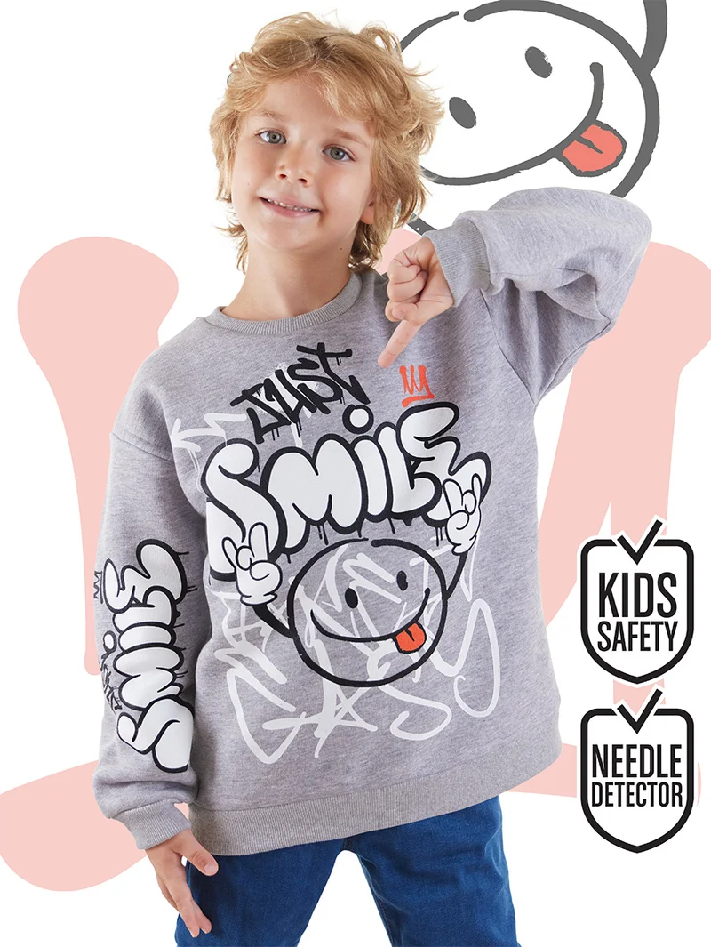 Denokids Just Smile Boy Grey Sweatshirt