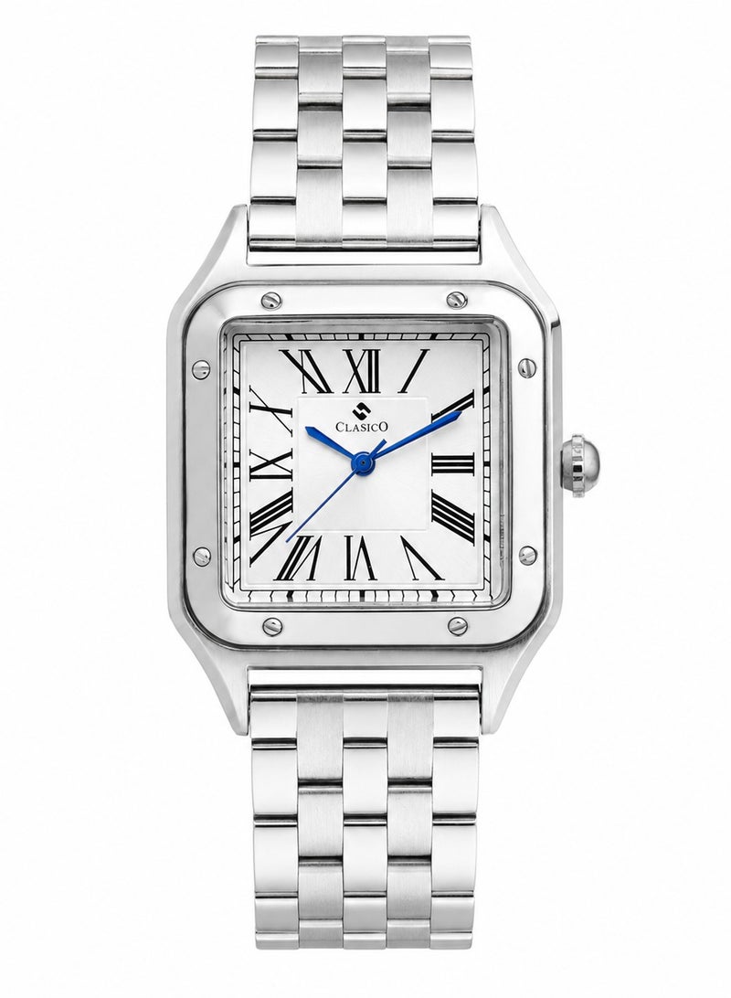 Clasico Roma Men's Luxury  Watch – Square Roman Dial, Blue Hands, Stainless Steel Bracelet & Quartz Precision Timepiece - Image 1