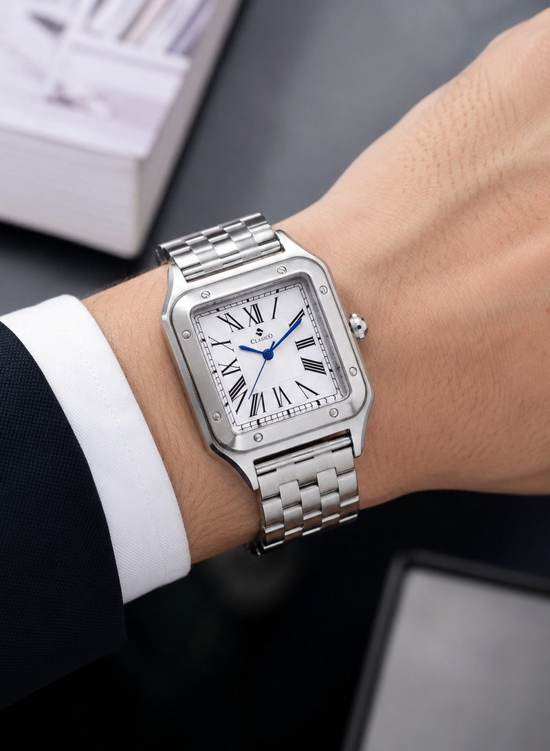Clasico Roma Men's Luxury  Watch – Square Roman Dial, Blue Hands, Stainless Steel Bracelet & Quartz Precision Timepiece - Image 5