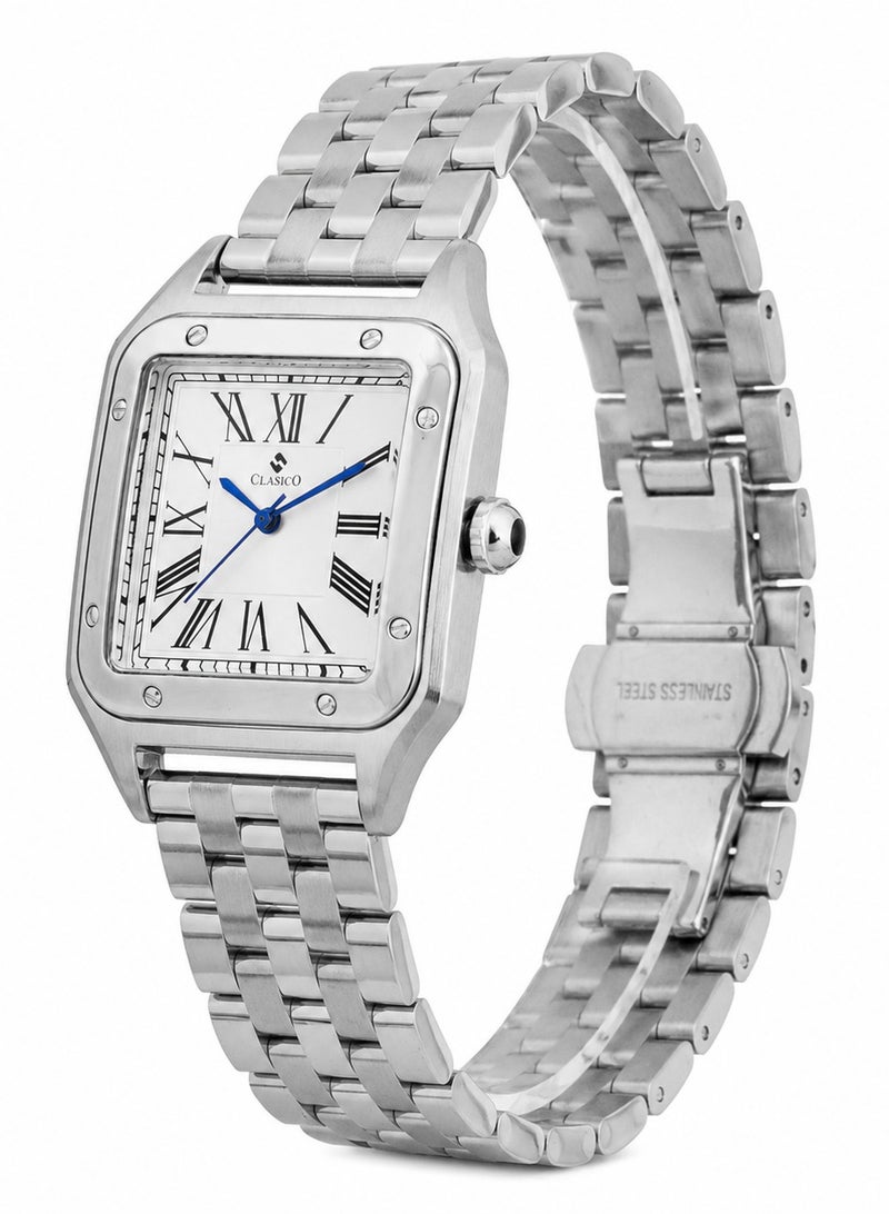 Clasico Roma Men's Luxury  Watch – Square Roman Dial, Blue Hands, Stainless Steel Bracelet & Quartz Precision Timepiece - Image 3