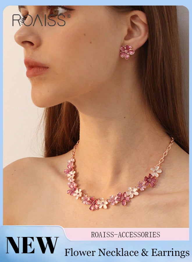 roaiss Women's Pink Flower Necklace and Ring set, Vintage Bohemian Floral Jewelry, Exquisite Light Luxury Clavicle Necklace,Perfect for Holiday Gifts - Image 1