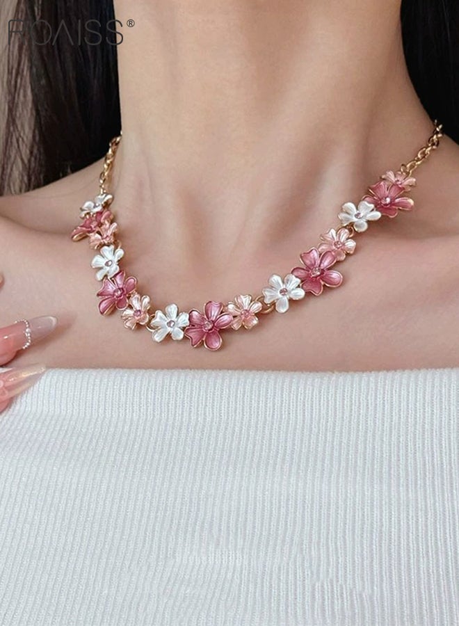 roaiss Women's Pink Flower Necklace and Ring set, Vintage Bohemian Floral Jewelry, Exquisite Light Luxury Clavicle Necklace,Perfect for Holiday Gifts - Image 2