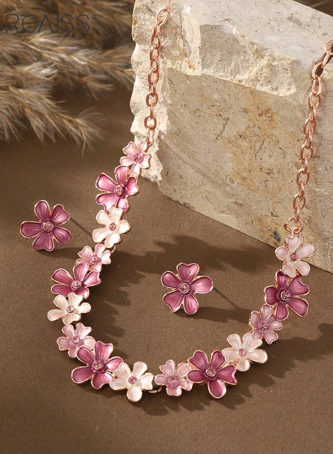 roaiss Women's Pink Flower Necklace and Ring set, Vintage Bohemian Floral Jewelry, Exquisite Light Luxury Clavicle Necklace,Perfect for Holiday Gifts - Image 5