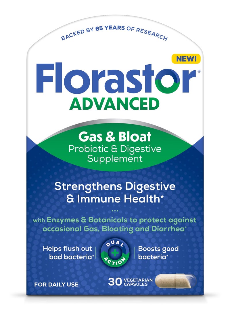 Florastor فلوراستور بروبيوتيك متقدم للغازات والانتفاخ، إنزيمات هضمية ونباتات، بالإضافة إلى بروبيوتيك لصحة الجهاز الهضمي، 30 كبسولة - Image 1