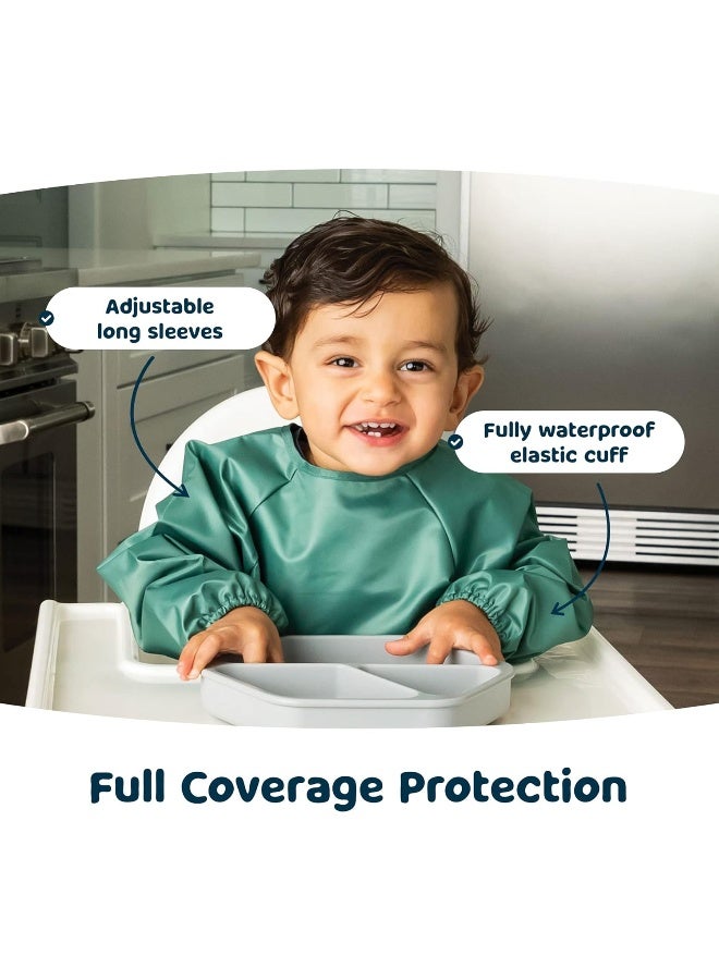 Tiny Twinkle Mess Proof Baby Bibs, 2pk Waterproof Smock Baby Bibs for Eating, Machine Washable Long Sleeve Bibs, Baby Led Weaning, Toddler Bibs, BLW Supplies(Slate Olive, Large 2-4 Years) - Image 2