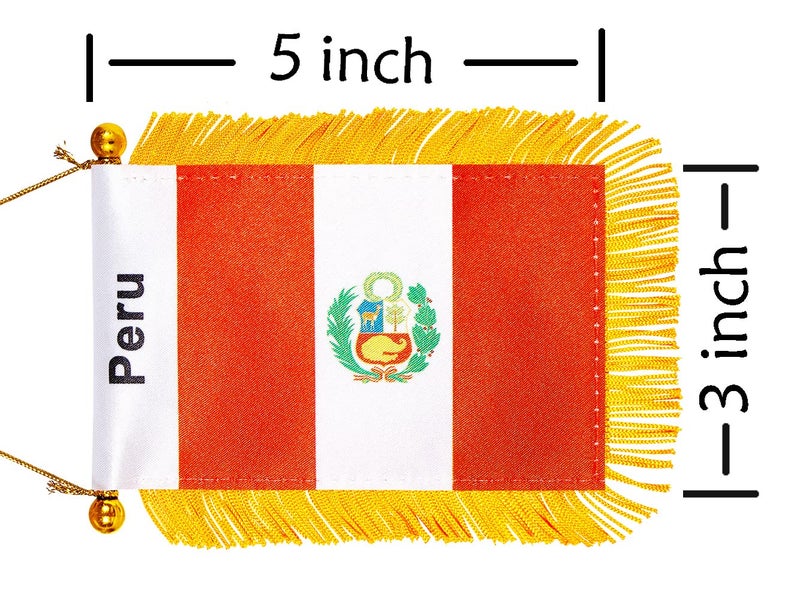 WXTWK 3 X 5 Inch Peru Flag Peruvian Window Hanging Flag Small Mini Car Flags Banners Rearview Mirror Decoration with Suction Cup Golden Fringy Banner - Image 2