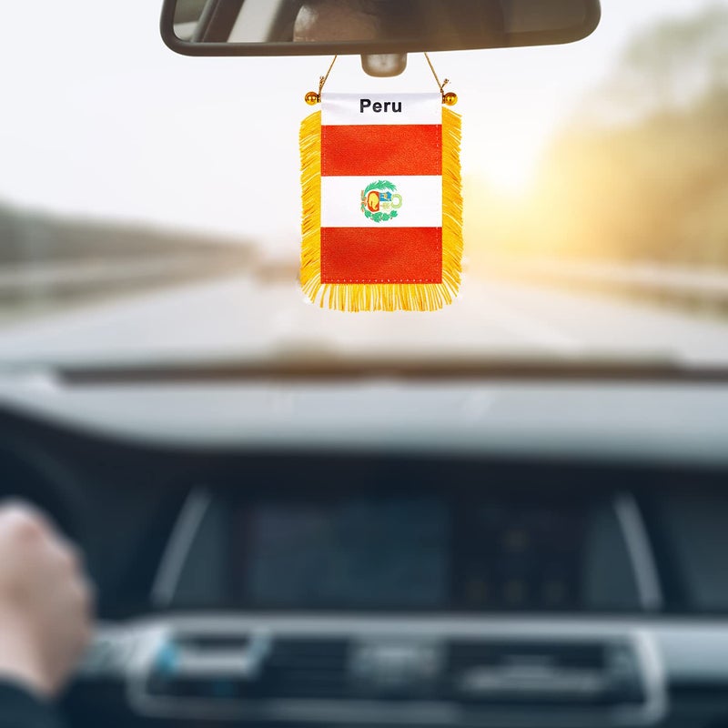 WXTWK 3 X 5 Inch Peru Flag Peruvian Window Hanging Flag Small Mini Car Flags Banners Rearview Mirror Decoration with Suction Cup Golden Fringy Banner - Image 4