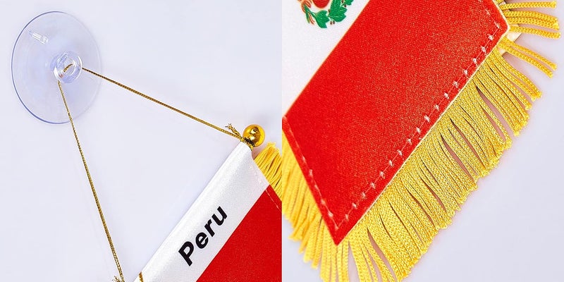 WXTWK 3 X 5 Inch Peru Flag Peruvian Window Hanging Flag Small Mini Car Flags Banners Rearview Mirror Decoration with Suction Cup Golden Fringy Banner - Image 3