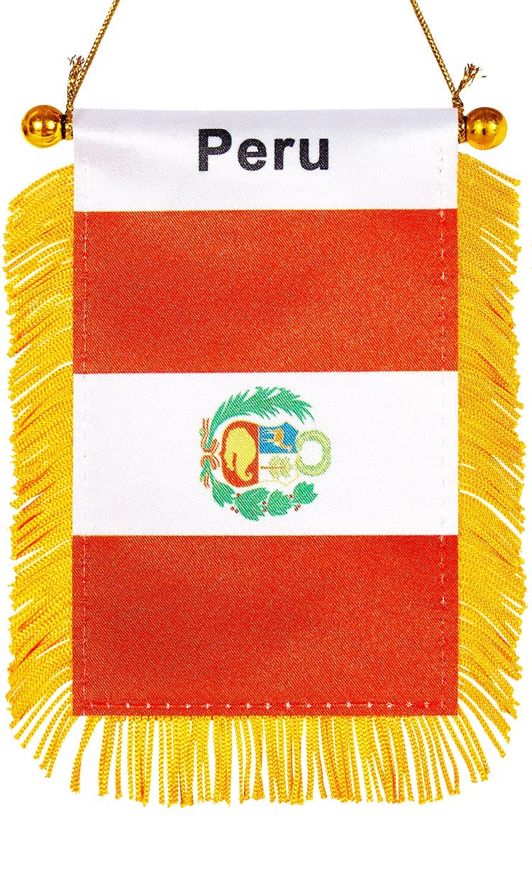 WXTWK 3 X 5 Inch Peru Flag Peruvian Window Hanging Flag Small Mini Car Flags Banners Rearview Mirror Decoration with Suction Cup Golden Fringy Banner - Image 1