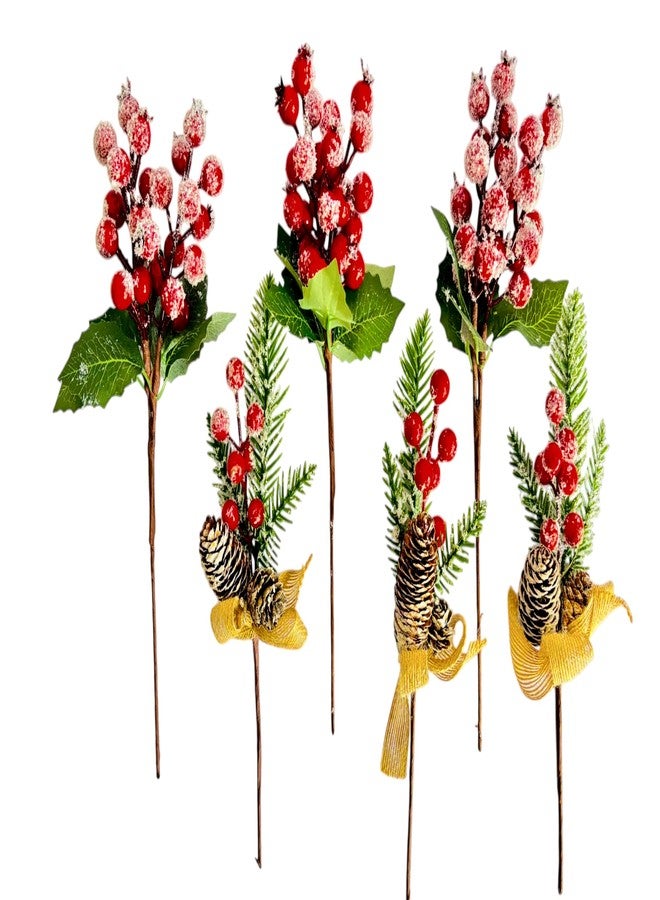 PartyToko 6pcs Christmas Berry Artificial Flowers - Simulation Pine Grass with Red Fruits - Perfect for Christmas Decorations and Home Decor 6pcs - Image 1
