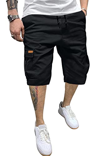 JMIERR Mens Casual Twill Cargo Shorts Cotton Drawstring Classic Cargo Chino Stretch Short with 6 Pockets for Men, US40(2XL), A Black - Image 1