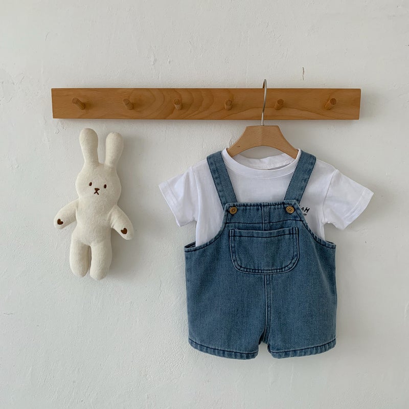 2024 Baby Denim Shortalls Set with White Tee White