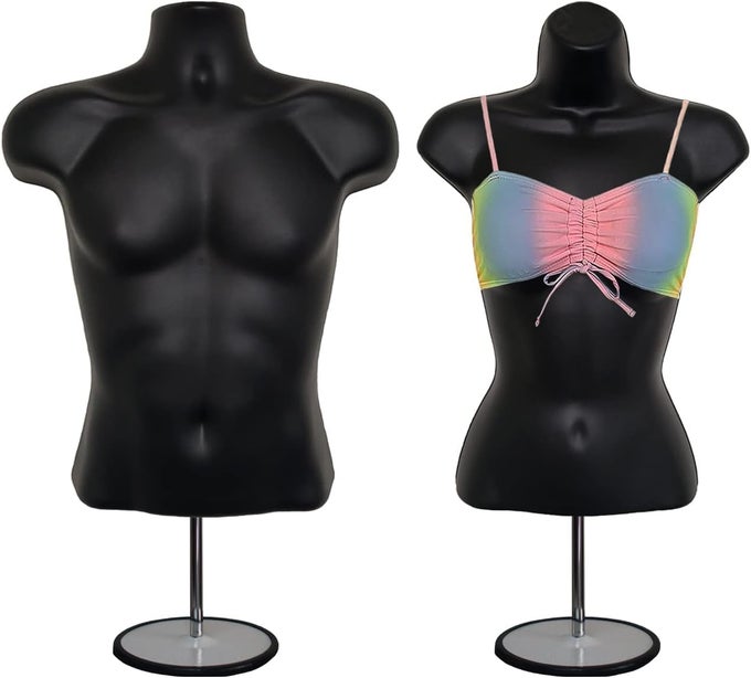 MALE AND FEMALE MANNEQUIN TORSO WITH METAL STAND HOLLOW BACK BODY STACKABLE DRESS FORM FOR TSHIRT DISPLAY COUNTERTOP CRAFT SHOWS SM SIZE BLACK SET OF 1