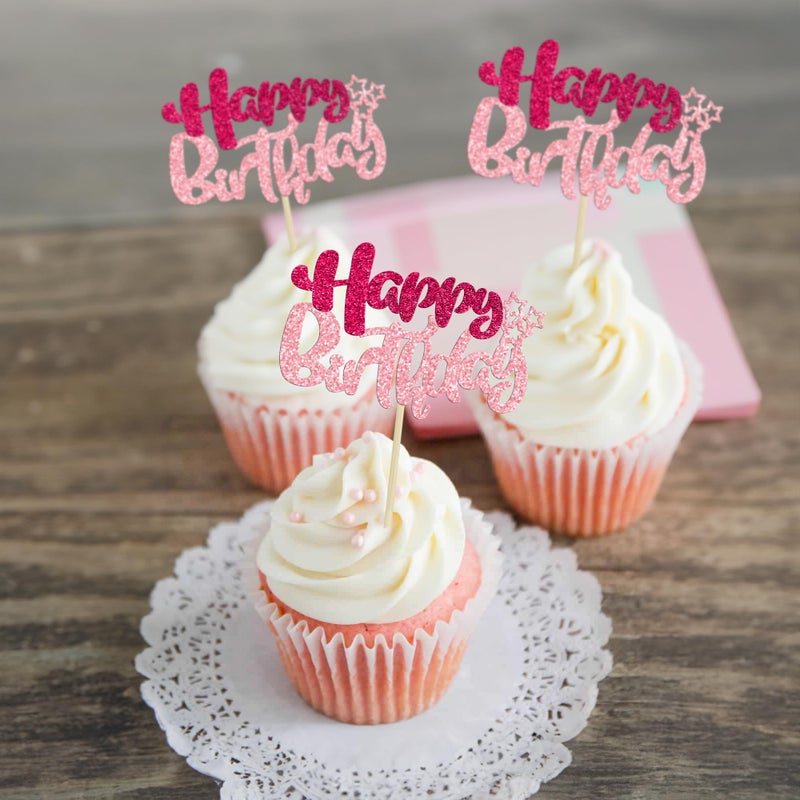 Ephlyn 24Pcs Happy Birthday Cupcake Toppers Double Layer Glitter Happy Birthday Cake Decorations for Celebrating Baby Shower Theme Kids Boys Girls Birthday Anniversary Party Supplies Rose Red Pink - Image 4