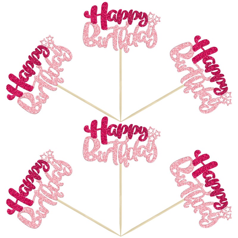 Ephlyn 24Pcs Happy Birthday Cupcake Toppers Double Layer Glitter Happy Birthday Cake Decorations for Celebrating Baby Shower Theme Kids Boys Girls Birthday Anniversary Party Supplies Rose Red Pink - Image 3