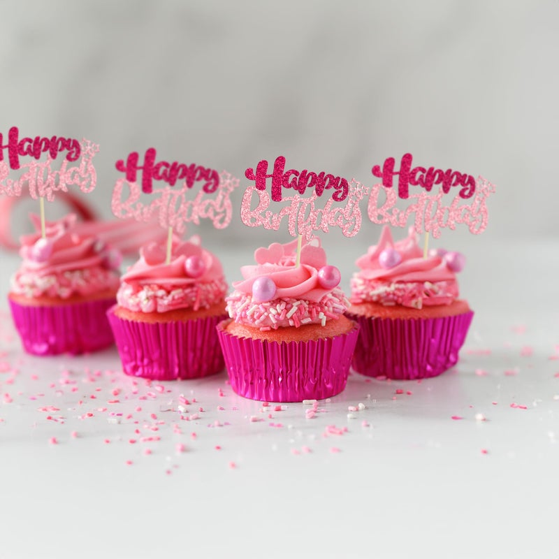 Ephlyn 24Pcs Happy Birthday Cupcake Toppers Double Layer Glitter Happy Birthday Cake Decorations for Celebrating Baby Shower Theme Kids Boys Girls Birthday Anniversary Party Supplies Rose Red Pink - Image 5