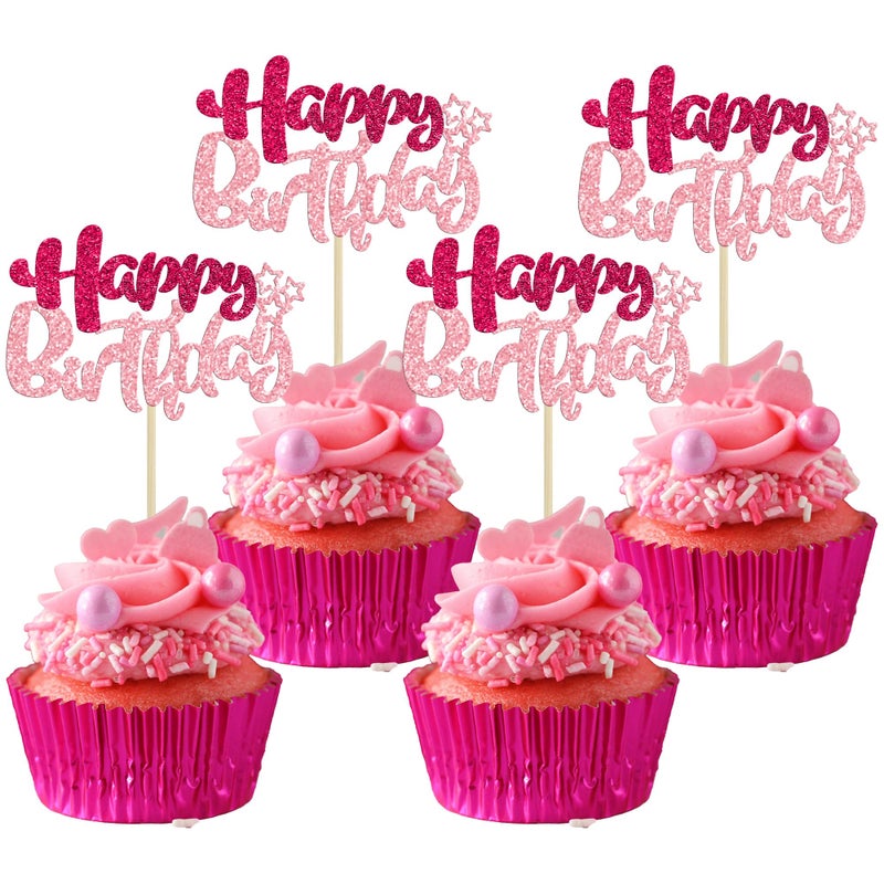 Ephlyn 24Pcs Happy Birthday Cupcake Toppers Double Layer Glitter Happy Birthday Cake Decorations for Celebrating Baby Shower Theme Kids Boys Girls Birthday Anniversary Party Supplies Rose Red Pink - Image 1